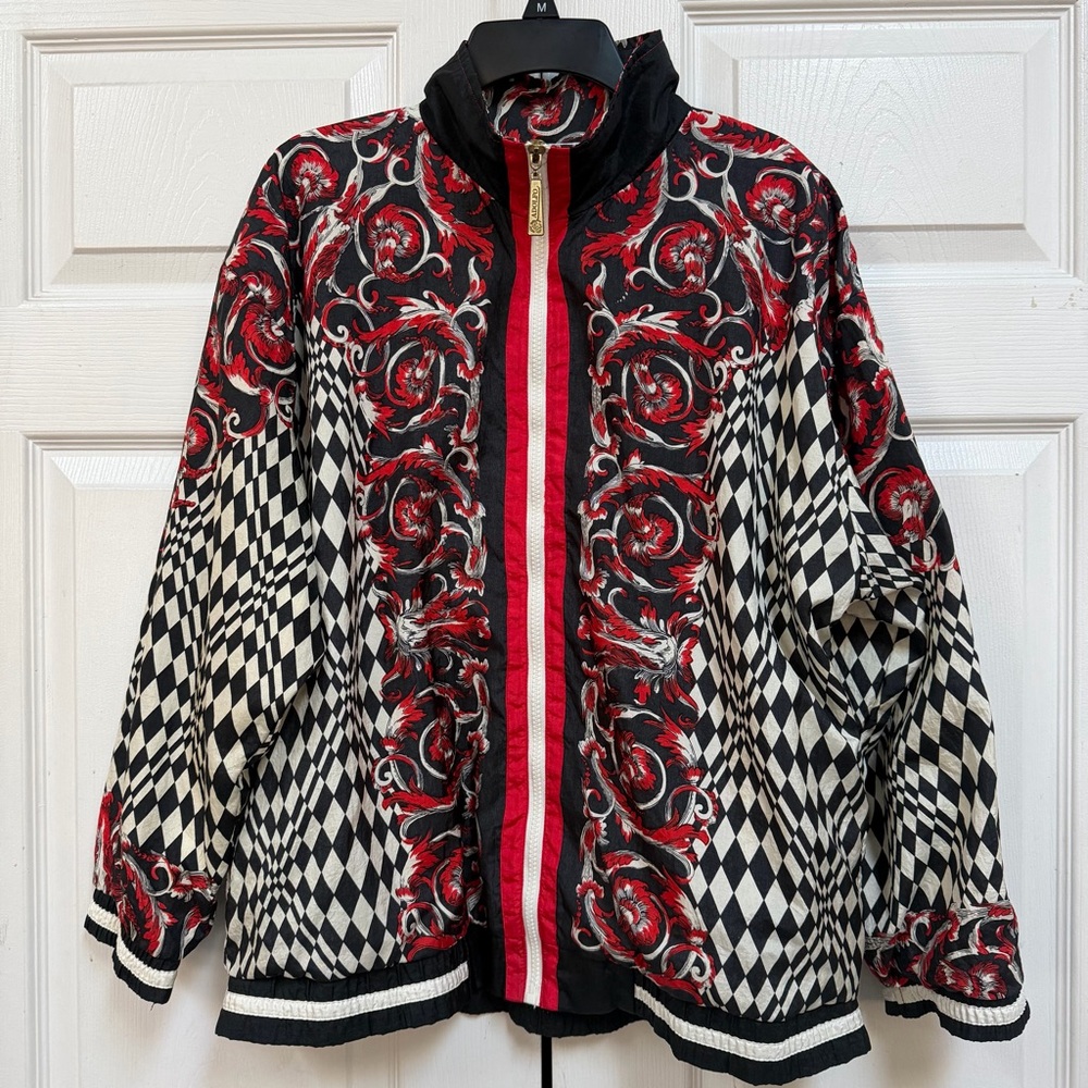 VTG Adolfo Red and Black Patterned Bomber Jacket Windbreaker Size S Zip - Picture 10 of 15